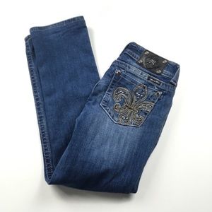 Miss Me Straight Embellished‎ Fleur De Lis Bling Denim Medium Wash Jeans Sz 28